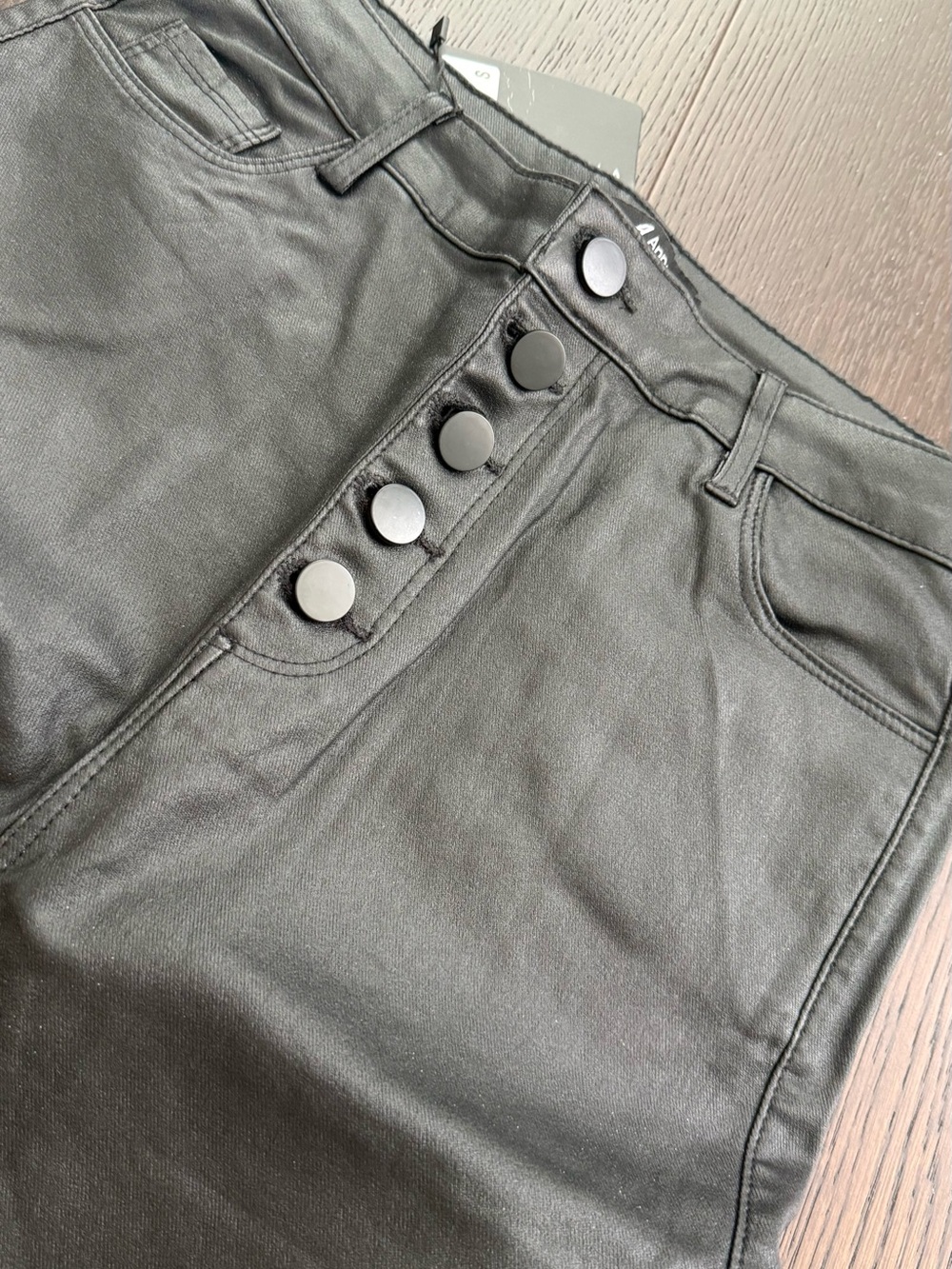 High-Waist Coated Button-Front Skirt in Black